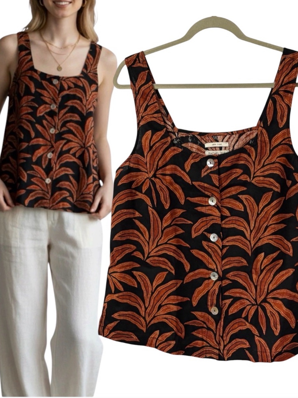 Rachel Zoe Linen Black Rust Tropical Button Front Square Neck Tank Top L Boho